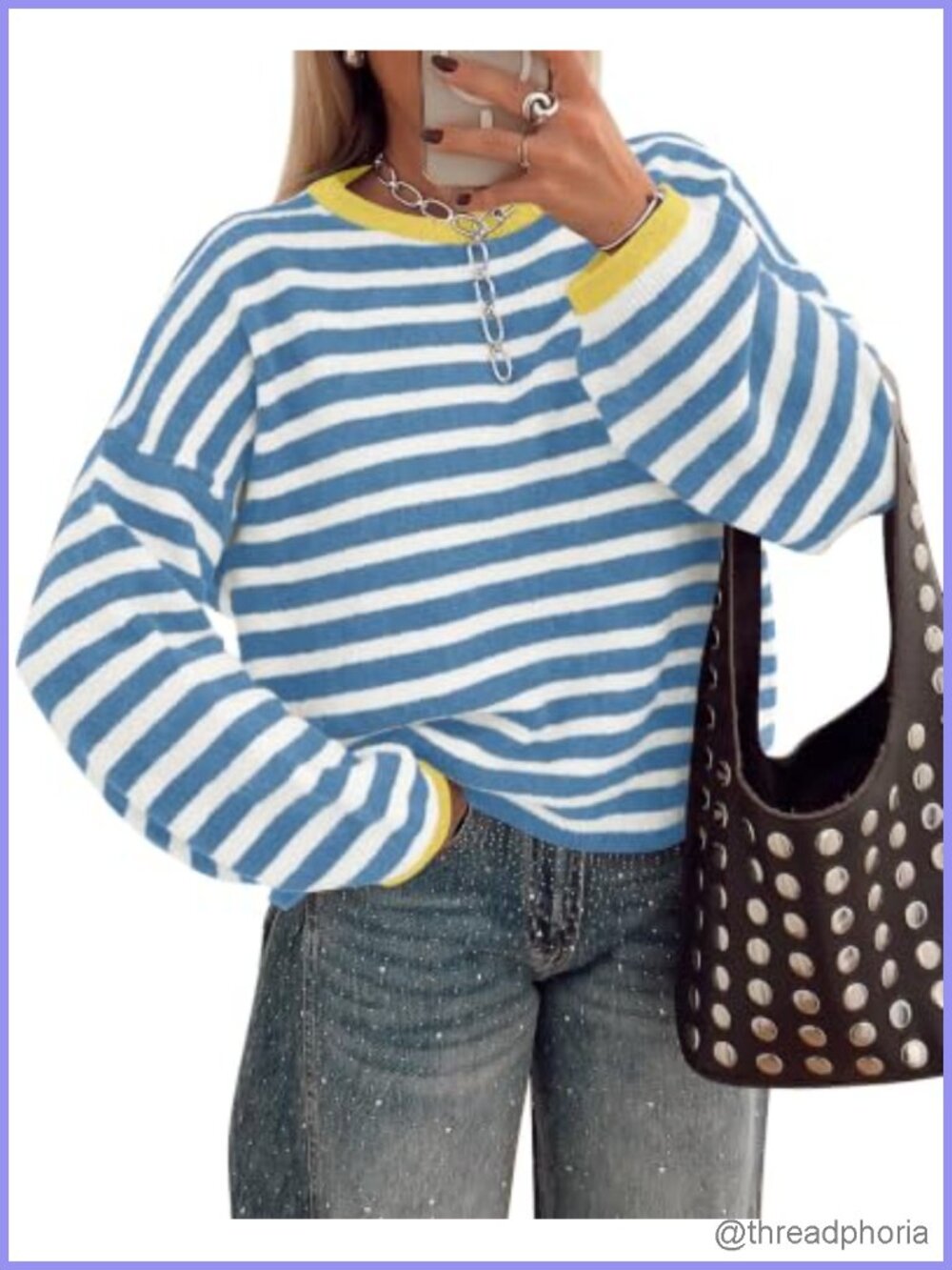 Women's Oversized Striped Crewneck Pullover Sweater Lightweight Long Sleeve